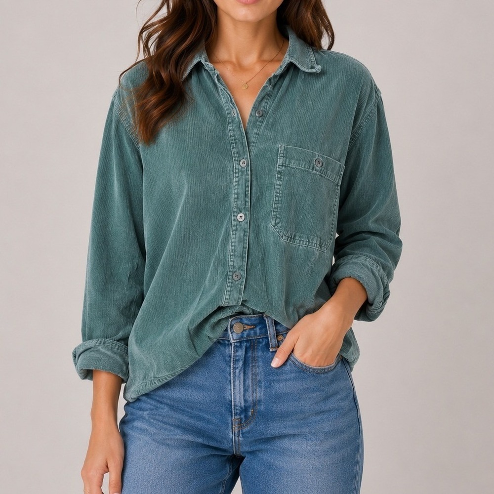 Vintage Merona Women's Green Corduroy Button Up Shirt Size Medium